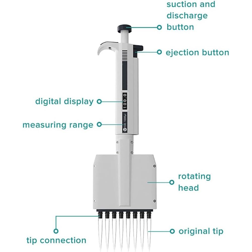 Pipeta de micropipeta multicanal de 8 canales, volumen ajustable 0.5ul-300ul, pantalla digital, punta giratoria de 360° para laboratorio