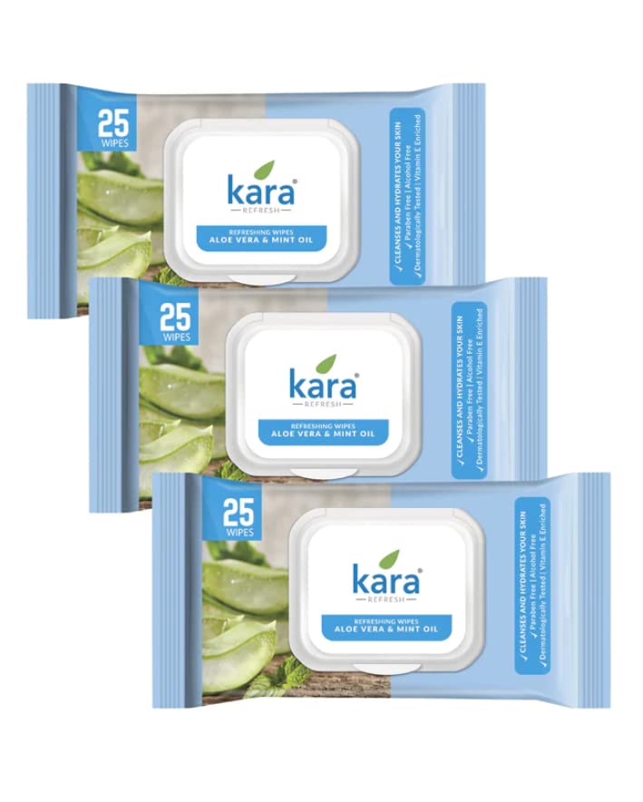 Kara Face Wipe - Cleansing & Hydrating, Refreshing, Mint Oil & Aloe Vera, 25 Wipes Pack of 3