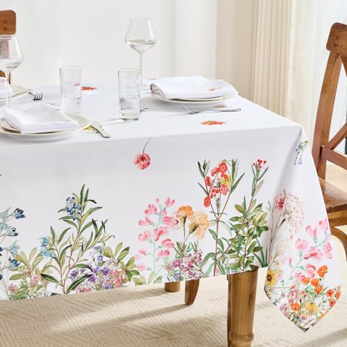 FIBORIA Nappe Rectangulaire Anti Tache 140×240 cm, Motif Floral Coloré Nappes Blanches Élégante Printemps Extérieur, Déperlant Lavable, Grand Format,...
