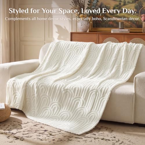Image of BEDELITE Cream White Boho Fleece Throw Blanket for Couch, 50x60 Inches