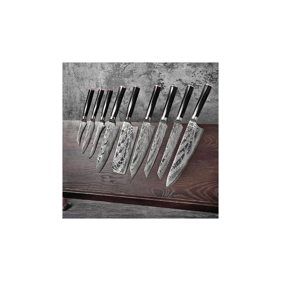 9-Pcs-Quality-Damascus-Steel-Kitchen-Knives-Set-High-Carbon-Super-Sharp-Chef-Knife-Set-Premium-Stainless-Steel-Knife-Set-Ergonomic-Design-Black-Minimalist-Design-Handle-Dishwasher-Safe 9 Pcs Quality Damascus Steel Kitchen Knives Set High Carbon Super Sharp Chef Knife Set Premium Stainless Steel Knife Set Ergonomic Design Black Minimalist Design Handle Dishwasher Safe