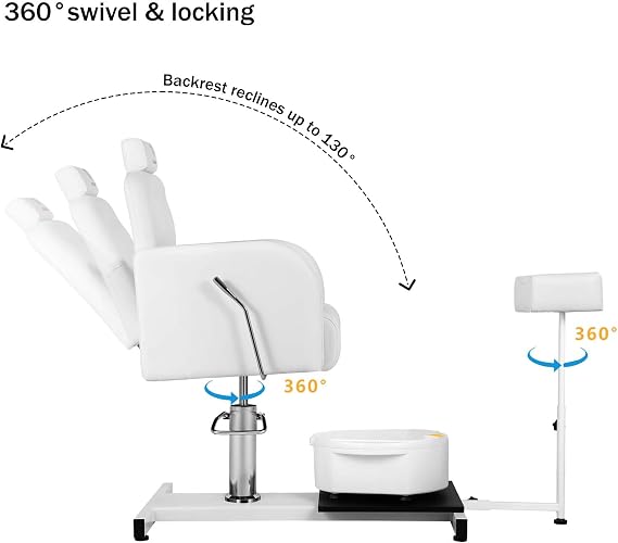 Reclining Pedicure Chair No Plumbing with Foot Massage Basin & Stool, Hydraulic Adjustable Pedicure Chair Station, 360 Rotation Beauty Spa Salon Unit Station - White