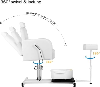 Reclining Pedicure Chair No Plumbing with Foot Massage Basin & Stool, Hydraulic Adjustable Pedicure Chair Station, 360 Rotation Beauty Spa Salon Unit Station - White