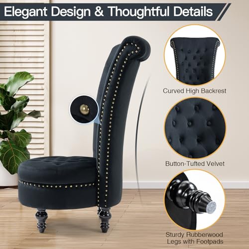 AVAWING High Back Throne Chair, Velvet Armless Royal Accent Chair w/Storage, Nailhead Trim & Rubberwood Legs for Living Room & Bedroom, Black