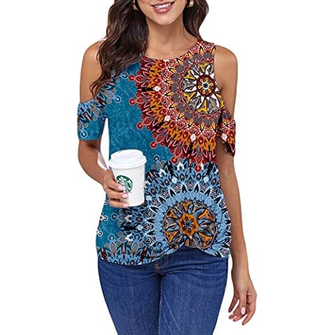 Ancapelion Women’s Blue Boho Floral Print Shirt Short Sleeve T-Shirt Casual Twist Knot Summer Tops Blouse for Ladies Cover