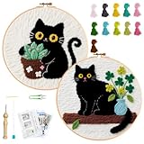BEUNITONE 2PCS Cat Punch Needle Kit for Adults Beginners, Complete Craft Embroidery Needlepoint Kits with Hoop and Instructions, Punch Needle Starter Craft Set for Home Decor, Festival Gift 20x20cm
