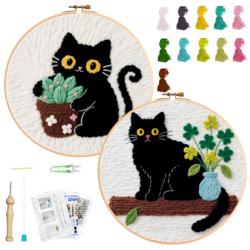 BEUNITONE 2PCS Cat Punch Needle Kit for Adults Beginners, Complete Craft Embroidery Needlepoint Kits with Hoop and Instructions, Punch Needle Starter Craft Set for Home Decor, Festival Gift 20x20cm