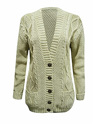LUXFAB New Womens Everyday Long Sleeve Button Top Ladies Chunky Aran Cable Knit Grandad Cardigan UK Size 8-26 Beige
