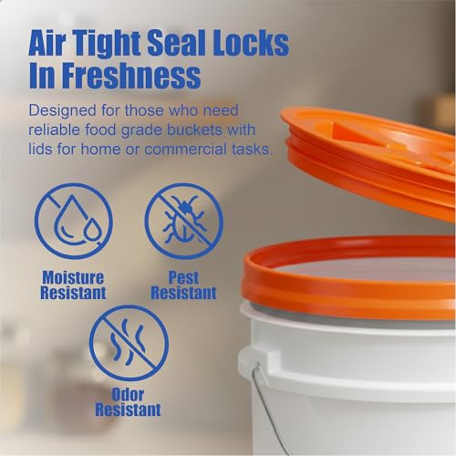 Image of ePackageSupply 5 Gallon Bucket - Food Grade w /Lid BPA-Free, White /Orange, 3 | Airtight Gamma Seal Screw-On Lid, Heavy-Duty 90 Mil HDPE Plastic, Food Safe and Durable Container, Bulk Storage, Made in USA