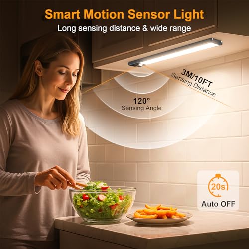 Gritin Luz de Armario Recargable, 26CM Superbrillantes Luces Cocina - 3 Colores & 5 Niveles de Brillo, 4 Modos, Sensor Movimiento, Larga Duración, Fácil Instalación, Luces Armario Magnéticas-2 Pack - imagen 7