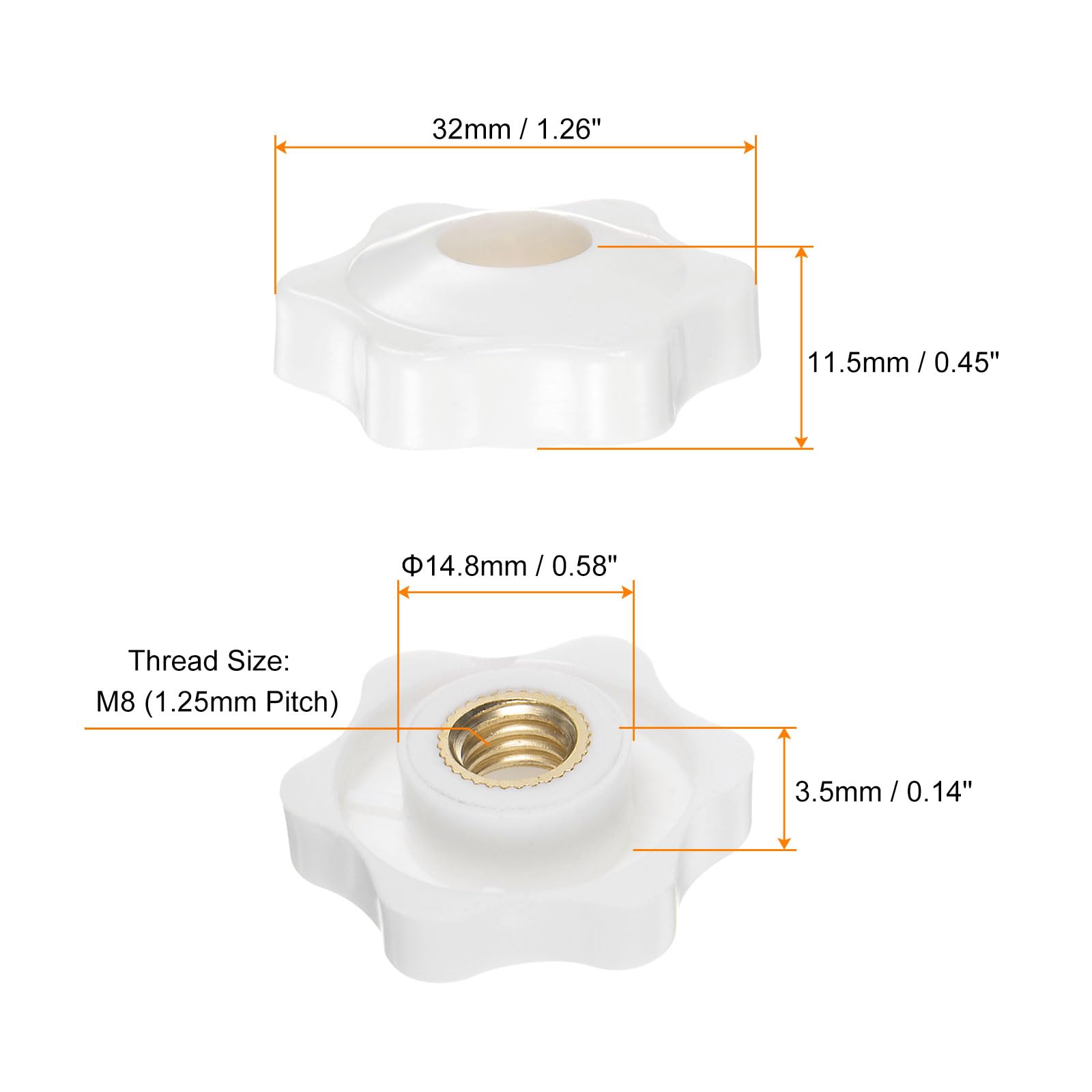 QUARKZMAN 4pz Pomelli a Stella M8 con Filettatura Femmina, Testa da 32mm, Plastica con Foro Passante, Vite in Ottone, Manopole a Compressione Filettate, Bianco