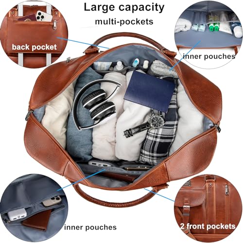 weiatas Faux Leather Travel Duffel Bag for Women Men, Large Weekender Overnight Bag with Shoes Compartment, Waterproof Carry On Bag Travel Tote Bag Gym Bag with Luggage Strap (Brown)2