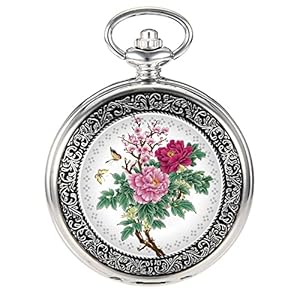 VIGOROSO Quartz Beautiful Peony Bird Enamel Painting Steampunk Silver Pocket Watches in Box