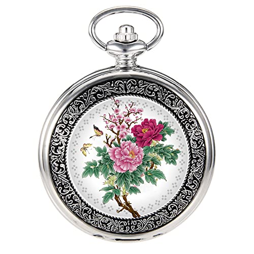 VIGOROSO Quartz Beautiful Peony Bird Enamel Painting Steampunk Silver Pocket Watches in Box