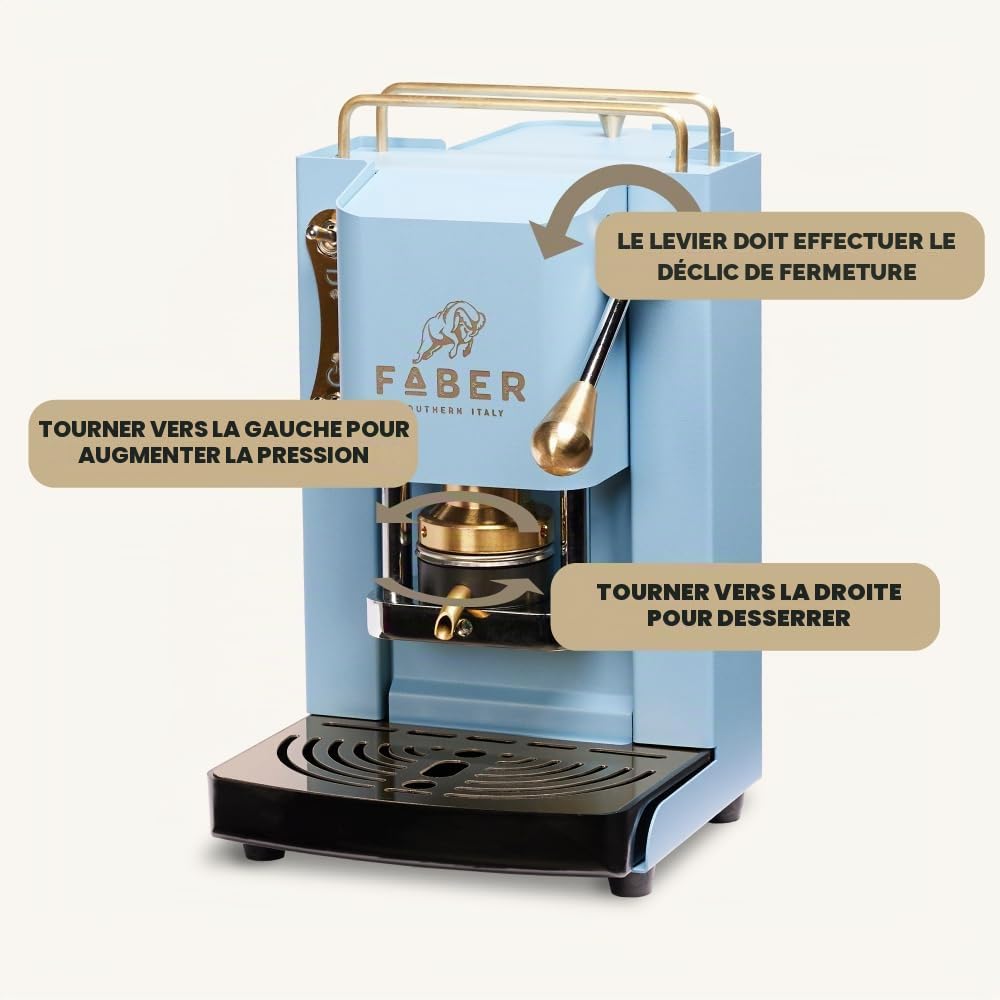 FABER COFFEE MACHINES | Modèle Pro Mini Deluxe | Machine à café à dosettes ese 44mm | | Pressacialda en laiton réglable (TURQUOISE)