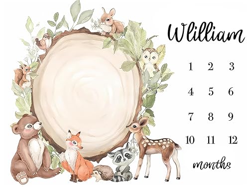 Image of OLIVE OLIVIA Personalized Custom Baby Milestone Blanket, 60 inchx80 inch, White, Flannel, Throw Blanket, Customized Name, Monthly Milestone Photos, Toddler, Deer, Animals, Warm, Unisex