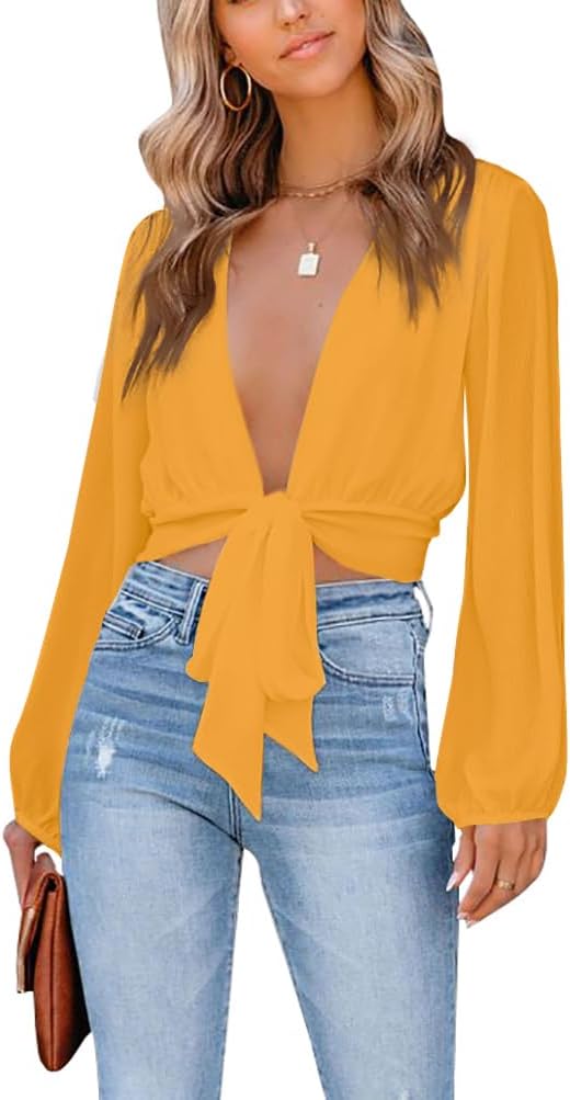LYANER Women's Deep V Neck Long Sleeve Tie Front Knot Sexy Wrap Crop Top Blouse - Image 5