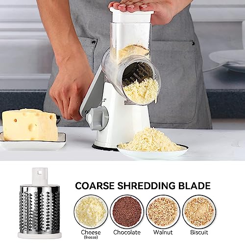 Rotary Cheese Grater Vegetable Shredder With Handle Round Kitchen Mandoline Slicer Grater For Nuts, Vegetable, Chocolate, Chesse - White - 3 Replaceabe Stainless Steel Blades #TOP1
