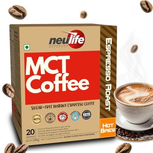 Neulife MCT Bullet Coffee (Hot Brew) | U.S. Patented, Arabica Blend, Espresso Roast, 20 Servings, 286 g | Premium Coffee with MCT Oil for Energy and Focus.