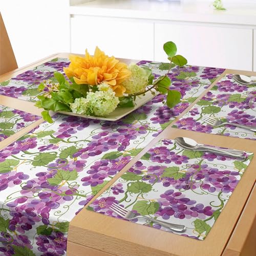Lunarable Grape Table Runner & Placemats, Vineyard Concept with Violet Tone Ripe Vine Uvas Viticulture Illustration, Set for Dining Table Decor, Placemat 4 pcs + Runner 16