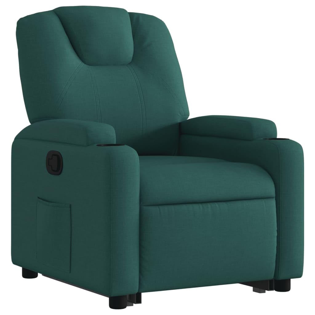 Sillón elevador reclinable verde oscuro de tela con motor eléctrico y función manual, asiento acolchado y estructura estable, cómodos portavasos y bolsillo lateral