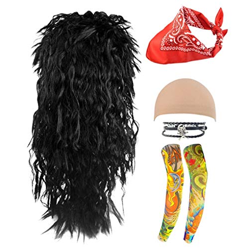 Nydotd Mens 70s 80s Wig Rocker Metal Wig Black Long Curly Wig Halloween Costume Party Wig