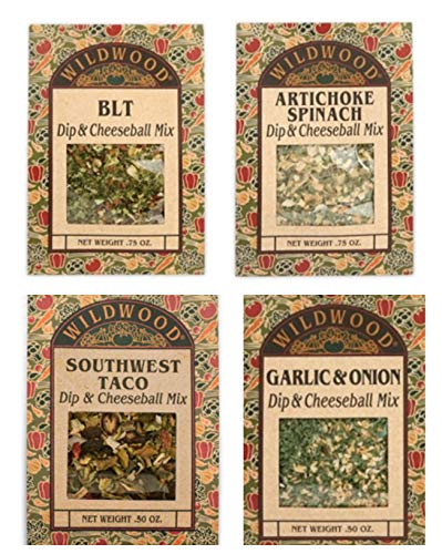 Wildwood Dip & Cheeseball Mix Bundle (4 Pack): Artichoke Spinach, Garlic & Onion, BLT, and Southwest Taco