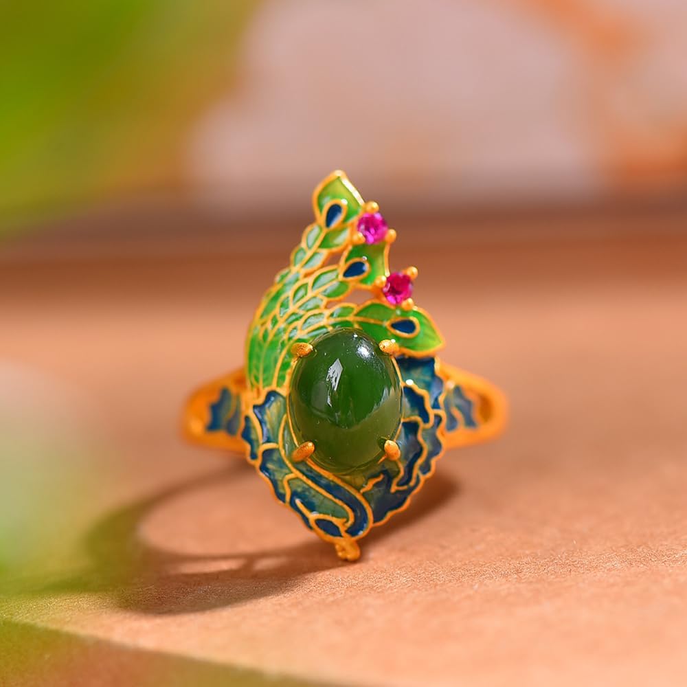 HMJGDHX S925 Silber vergoldet mit natürlichem Hotan-Jaspis-Emaille-Pfau-Ring (verstellbare Öffnung) für Damen, echt
