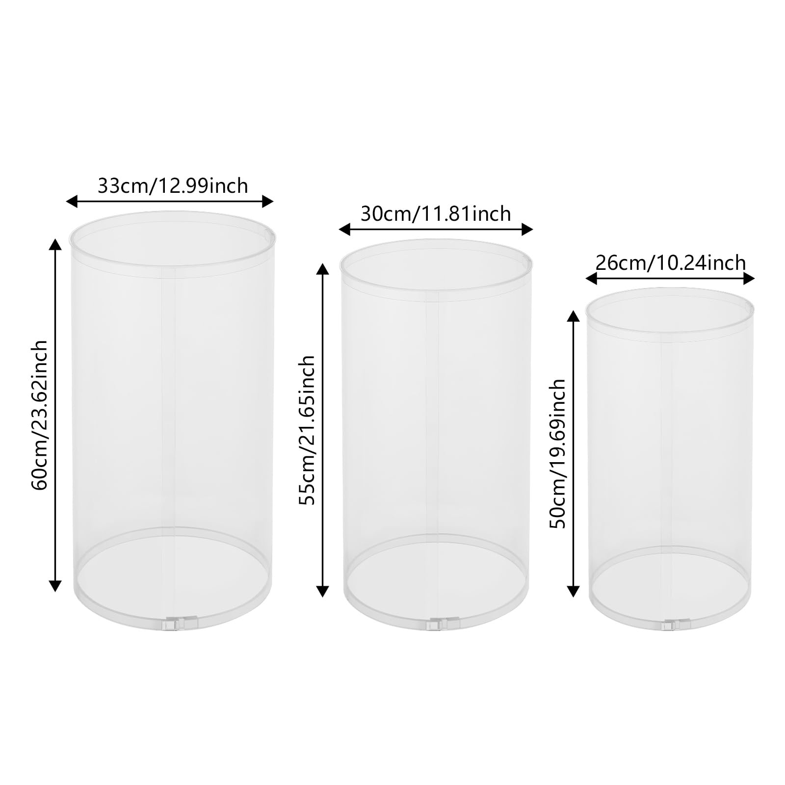 3 soportes cilíndricos redondos para flores, velas, tartas de postre, soporte para columnas de mesa para bodas, fiestas, 60 x 33 cm, 55 x 30 cm, 50 x 26 cm, hasta 33 kg (transparente)