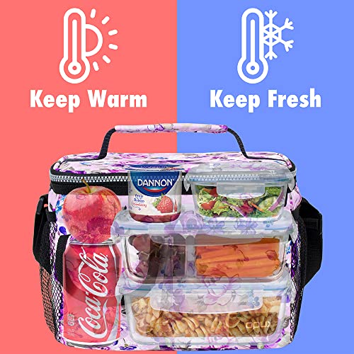 Opux Insulated Lunch Box For Women Girls, Leakproof Thermal Lunch Bag Cooler Work Office School, Soft Reusable Lunch Tote With Shoulder Strap, Adult Kid Lunch Pail Kit, 14 Cans, Purple Floral #TOP1
