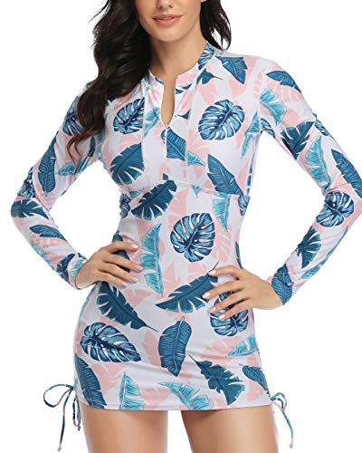 Daci Women Rash Guard Long Sleeve Swimsuit UPF 50 Zipper Side Adjustable Swim Shirt No Bottom Pink Leaf Small