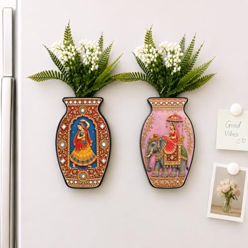 Image of Regalo Casila Magnetic Artificial Flower Vase Fridge Magnets Set of 2 Rajasthani Folk Art Royal Elephant Traditional Indian Refrigerator Kitchen Home Office Decor Housewarming Gift
