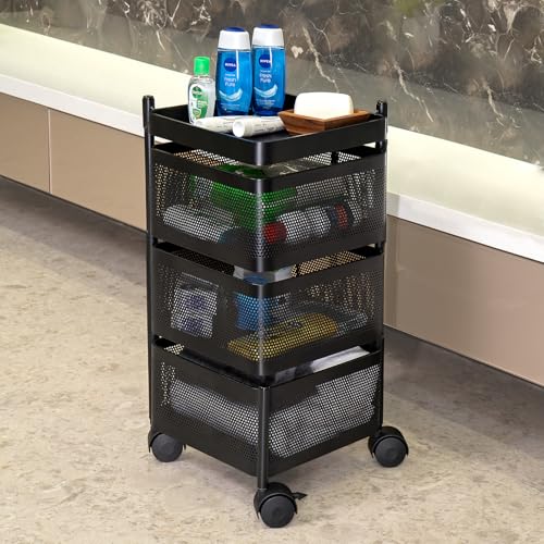 Kitchenwell Metal Multi-Purpose Trolley Storage Organizer and Kitchen Accessories Items for Kitchen Storage Rack Square Design Fruits & Vegetable Onion Cutlery (Matt Black, 3 Layer Drawer) 6 51IHWLrMLFL