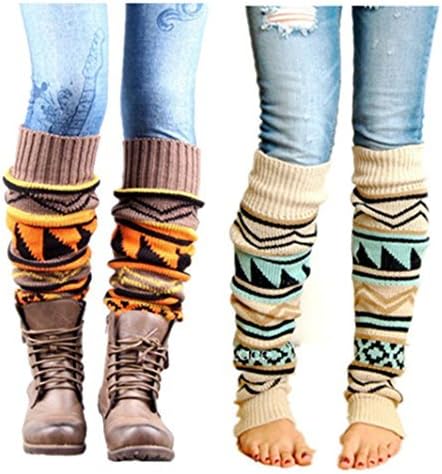 VIGVOG Women's Boho Knitted Warm Long Leg Warmers, Beige&khaki