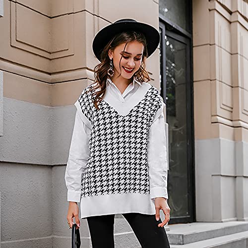 Gulajia Oversized Women Houndstooth Pattern Knit Sweater Vest Sleeveless Loose V-Neck 90S Waistcoat Pullover Knitwear Top White L #TOP2
