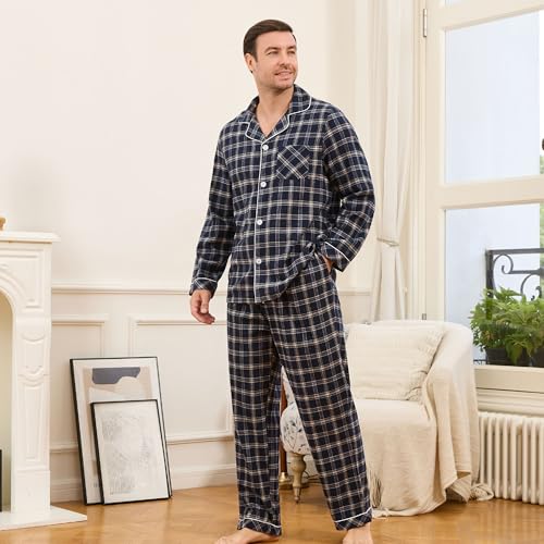 Vulcanodon Men 100% Cotton Pajama Set, Long Sleeve Flannel Pajama Sets Soft Woven Plaid 2 Piece Button Down Lounge Set3