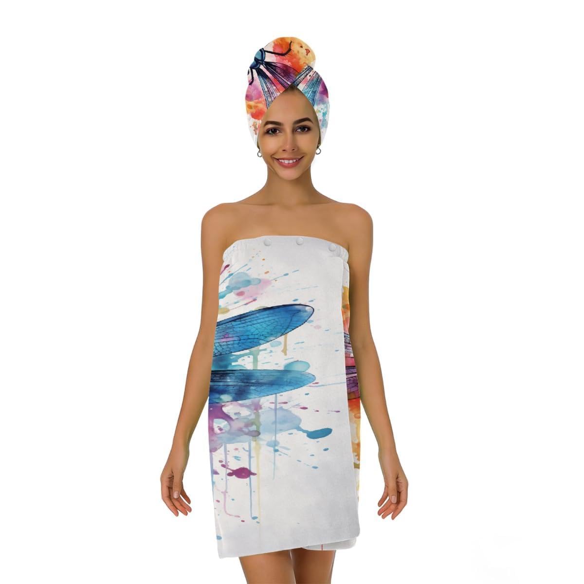 Mikrofaser-Duschtuch für Damen, mit Haar-Handtuch, Aquarell-Libelle, Tierdruck, weiche Körperwickel, Kleid mit Haartrocknungskappe für Strand, Pool, Spa, 2 Sets