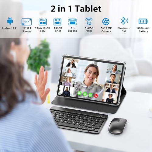 Image of Suicoey 2026 11 inch Android 15 Tablet with Keyboard, 24GB+256GB, 2TB Expand, 8000mAh, 5MP+13MP, 5G WiFi, Gemini AI, Split Screen, Widevine L1, 2 in 1 Tablets PC with Case, Mouse, Stylus(Green Case)