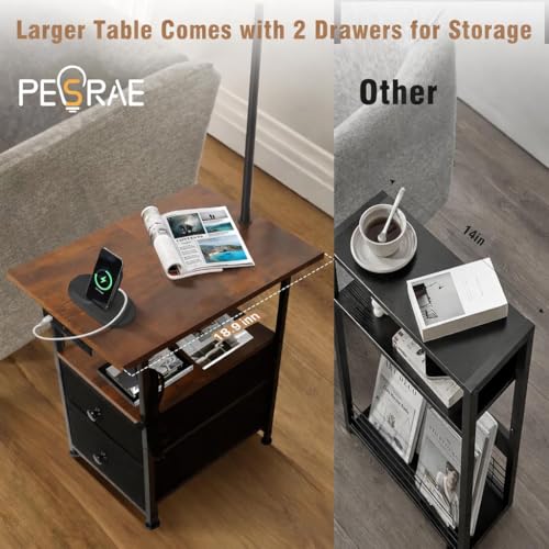 Image of PESRAE Floor Lamp with Table & 2 Drawers, End Table with Lamp, Rustic Brown | Charging Station with USB, Type-C & AC Outlet; 9W LED Bulb with 3 Color Temperatures for Bedroom, Living Room & Home Office