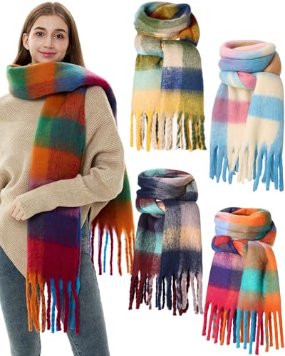 4 Pcs Large Chunky Plaid Scarf for Women Checked Scarf Shawl Blanket Warm Oversized Long Thick Gift