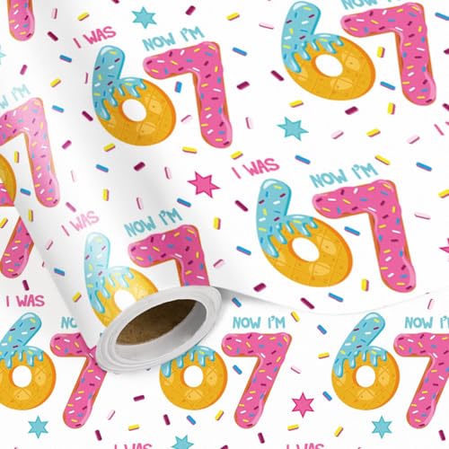 LeZakaa 67 Meme Donut Wrapping Paper Roll Colorful Sprinkles I Was Now Im 67 Doughnut Six Seven Design Birthday Gift Wrap for Kids Teens Girls Boys Parties Mini Roll 17 in x 16.4 Ft