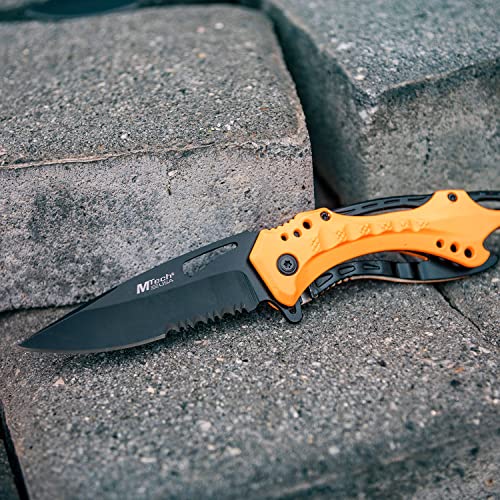 MTECH USA Folding Knife, 3.75-Inch Half-Serrated Blade, Titanium Coating, Glass Breaker, Pocket Clip (Orange)