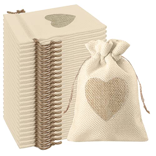 VEGCOO 24Pcs Motif de Coeur Sachets en Toile de Jute Pochettes 10 * 14CM, pour Dragees Mariage pour Bonbons Adeaux Cadeau Baptême Anniversaire Noël Petit...