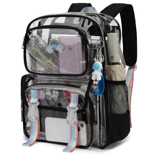 Heavy Duty Clear School Backpack for Girls Women, PVC See Through Transparent Backpack Bookbag for Kids Teens Adults (Black)