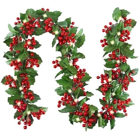 CandyHome 5.9 Ft Pre-lit Christmas Garland with Lights Red Berry & Green Leaves Lighted Christmas Garland Decorations for Indoor Outdoor Holiday Home Mantel Table Fireplace Christmas Decor, Red Cover