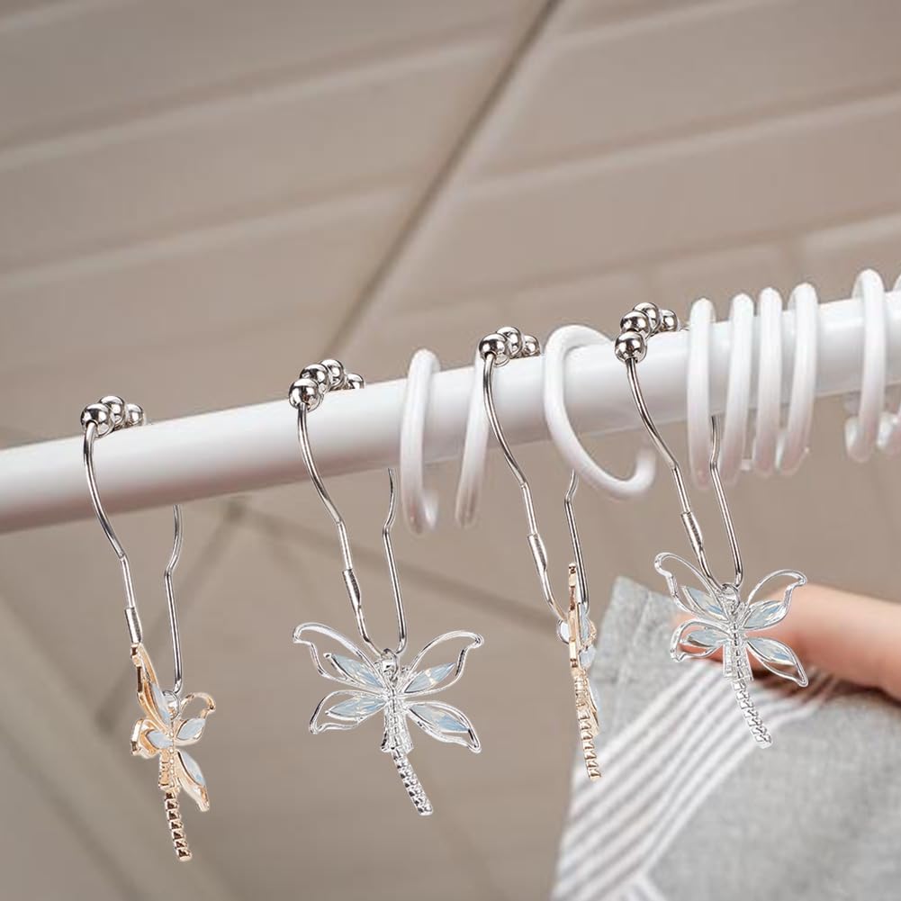 12 Pcs Dragonfly Shower Curtain Hooks，2 Colors Iron Shower Curtain Rings with Alloy Dragonfly Pendants Decorative Hooks for Bathroom Shower Curtain Rod
