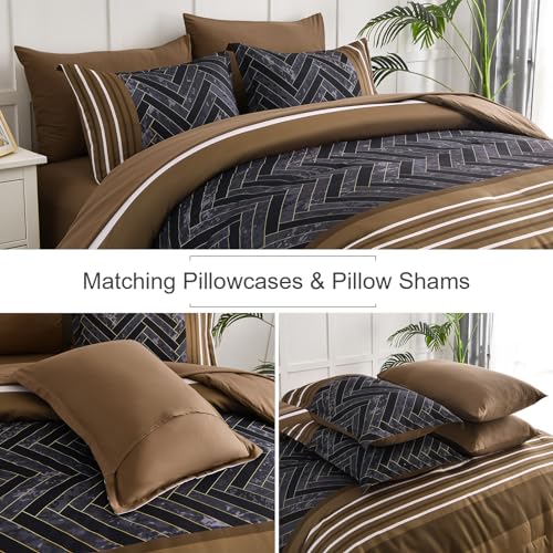 Luxudecor Brown Comforter Set King Size, 7 Pieces Stripe Geometric Bed In A Bag thumb #4