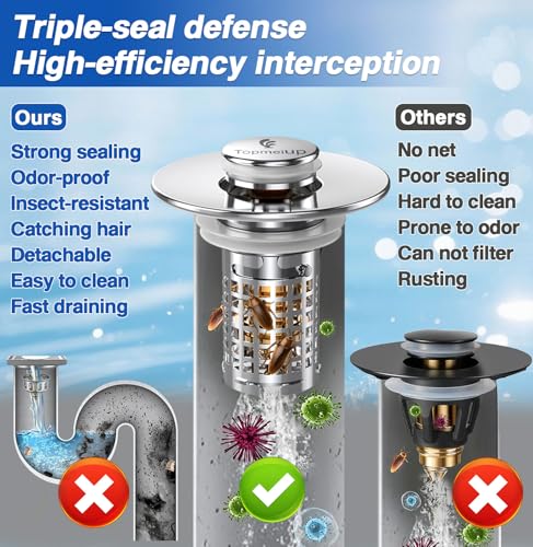 Image of Bathroom Sink Drain Strainer(New-2pcs), Pop-up Sink Drain Strainer with Removable Stainless Steel Strainer Basket Hair Catcher, Bathroom Sink Strainer for Bathroom Sink Stopper Replacement