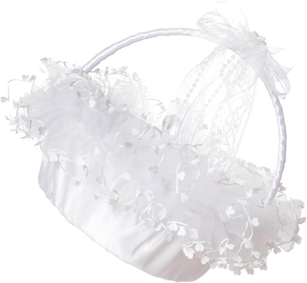 SHINEOFI Handheld Lace Flower Basket White Foldable Wedding Basket for Flower with Delicate Lace Design Suitable for Wedding Ceremony and Party Supplies