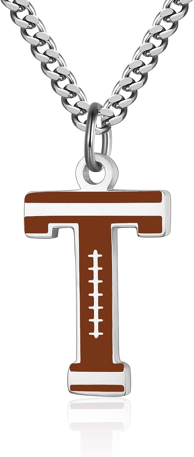 AIAINAGI Football Letter Necklace - Men's Football Charm Pendant, Stainless Steel Silver Chain, 22inch Personalized Gift